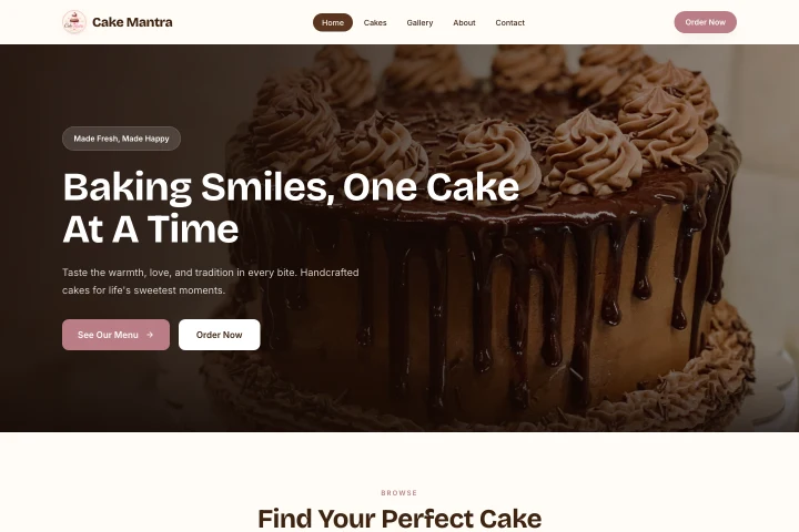 Cake Mantra homepage showing its cake photography and menu navigation