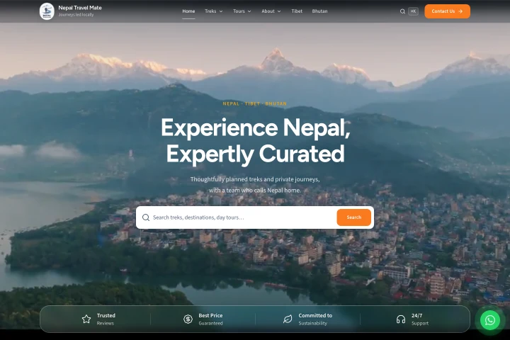 Homepage with the Nepal Travel Mate trek search and mountain landscape
