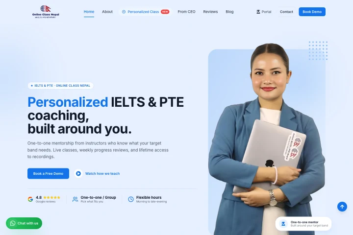 Online Class Nepal homepage with its IELTS and PTE coaching introduction