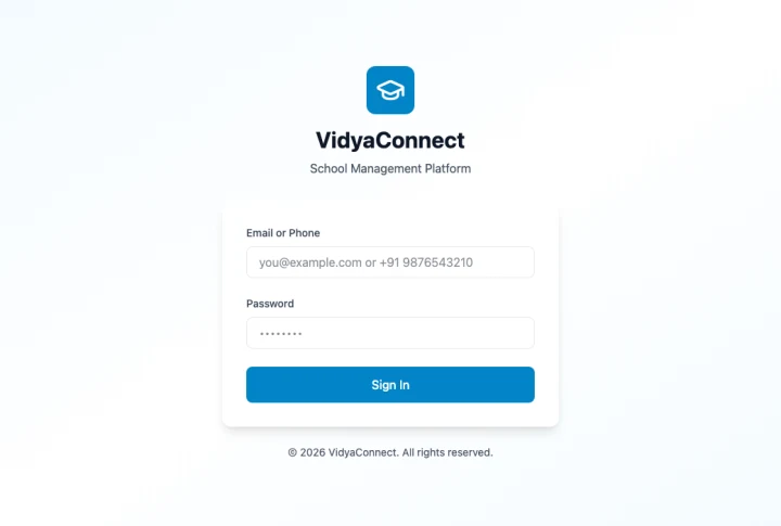VidyaConnect school management platform sign-in screen